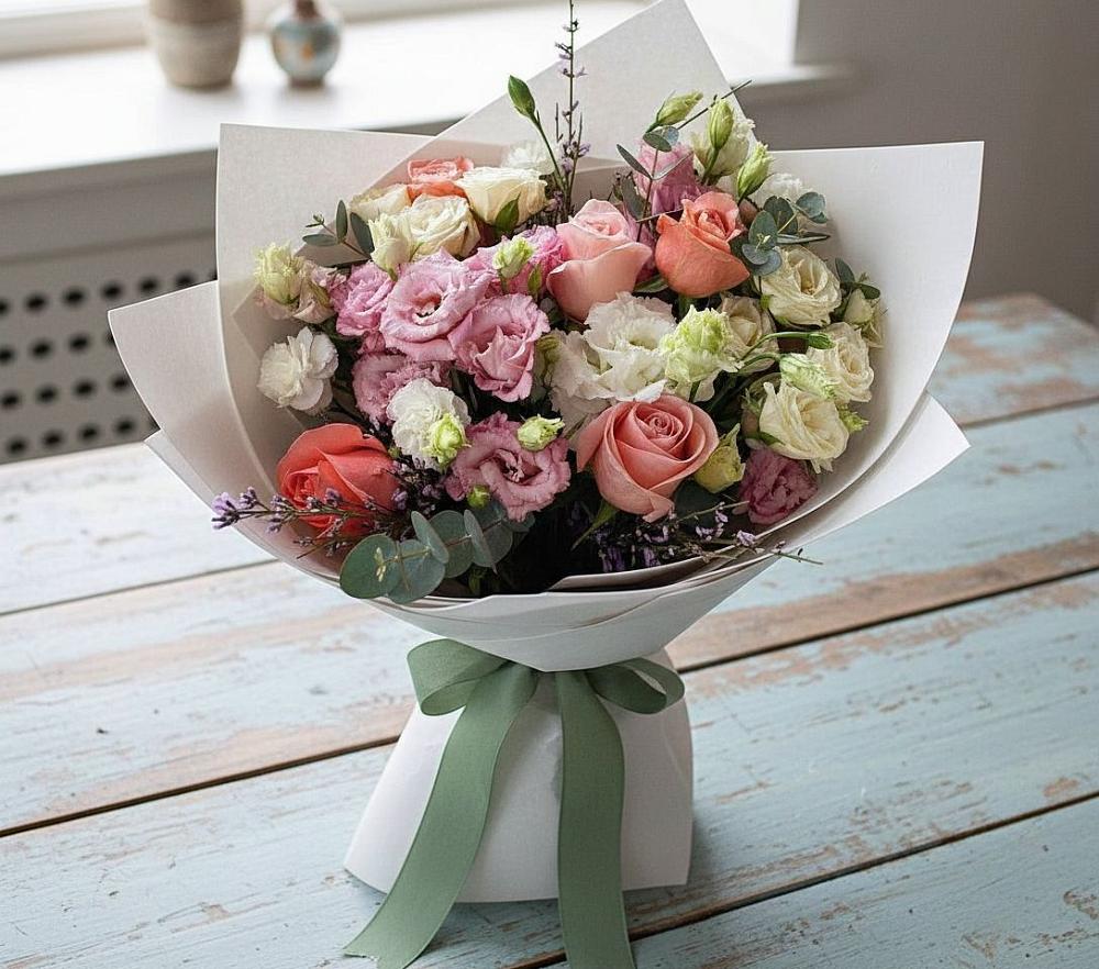 Букет цветов из: Розы, Лизиантусы и Гвоздики в Асбесте