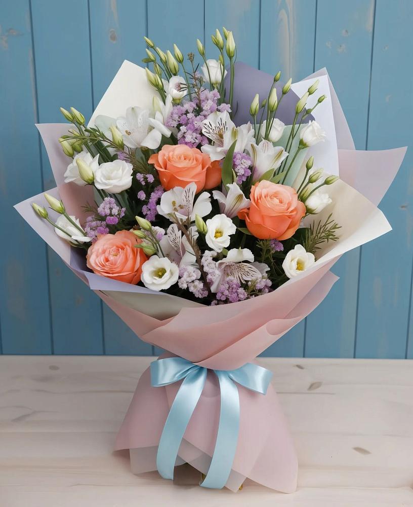 Букет цветов из: Лизиантусы, Розы, Альстромерии и Гипсофила в Асбесте