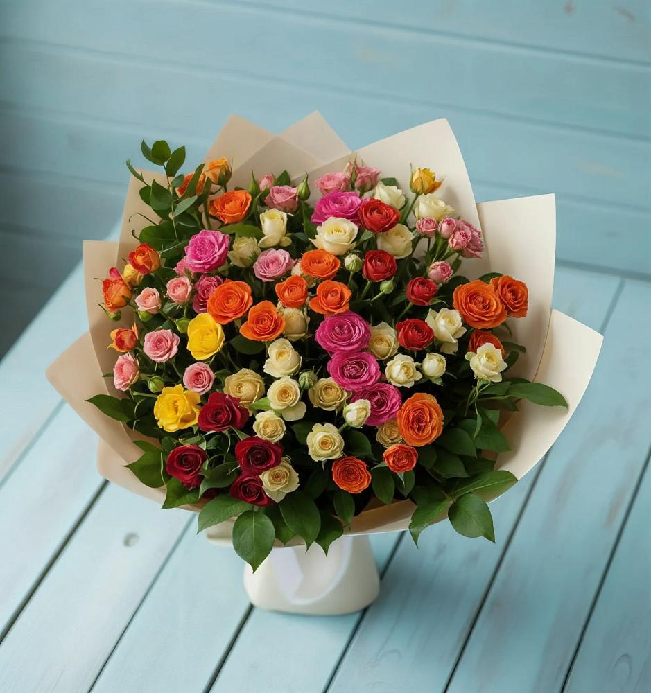 Букет Микс из разноцветных кустовых роз в Асбесте