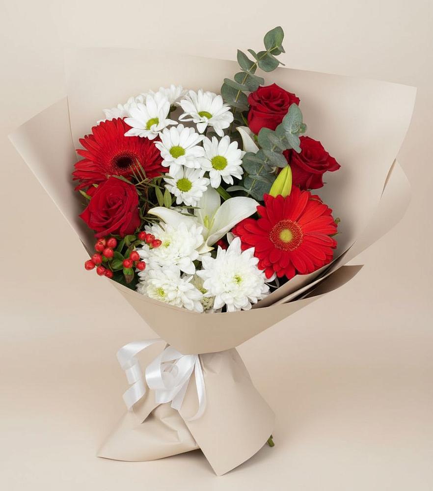 Букет цветов из: Розы, Хризантемы, Герберы и Лилии в Асбесте