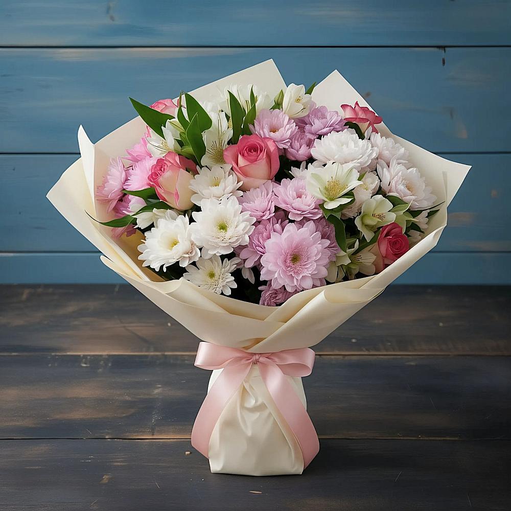 Букет цветов из: Хризантемы, Альстромерии и Розы в Асбесте